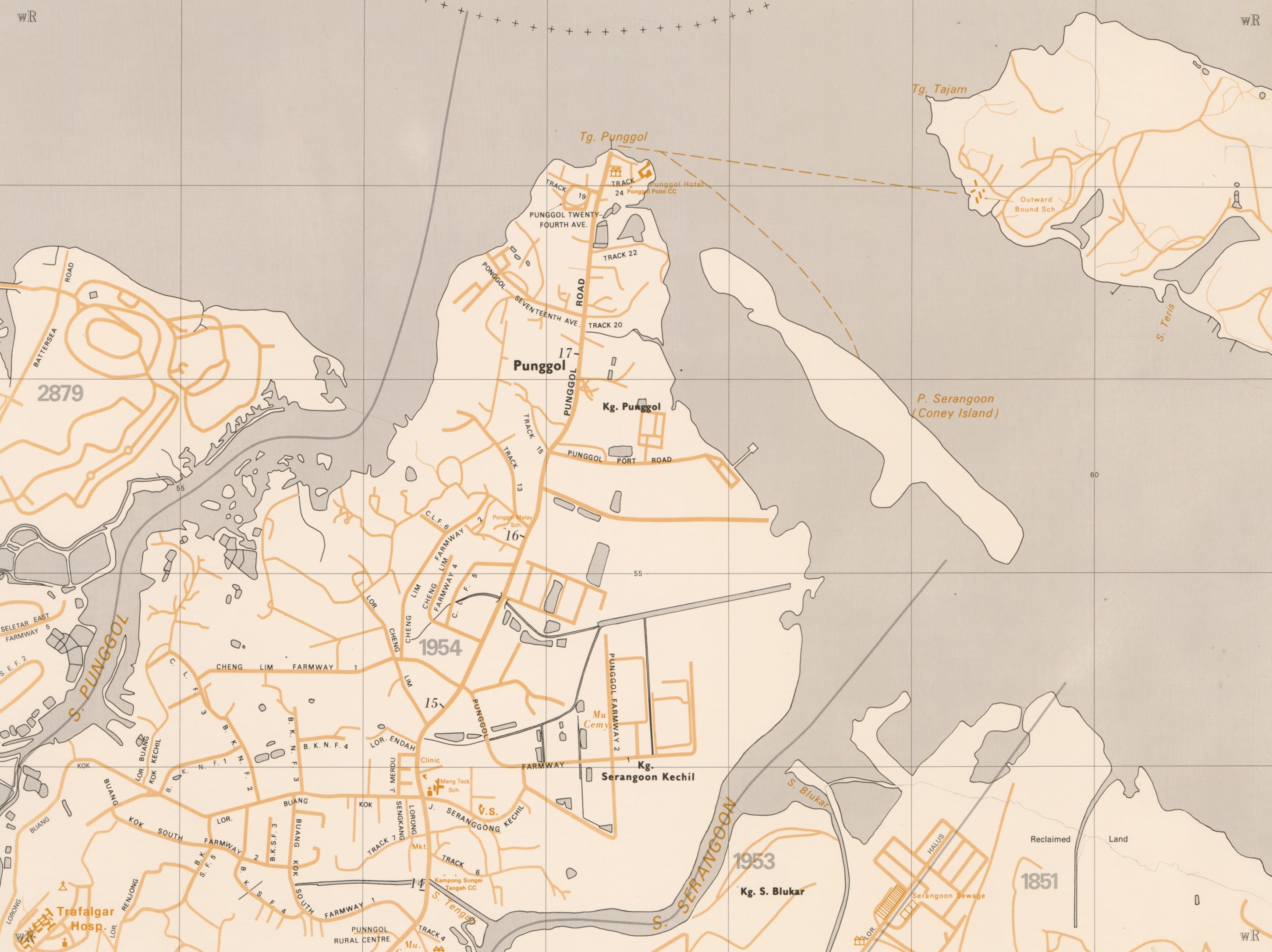 A historical map showing Punggol and surrounding areas, including farms, roads, and P. Serangoon (Coney Island).